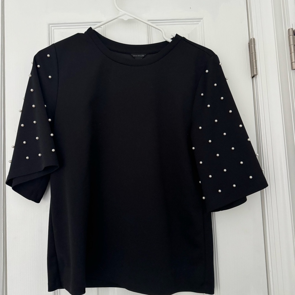 Ann Taylor Black Top 3/4 bell sleeves with Pearl Accents